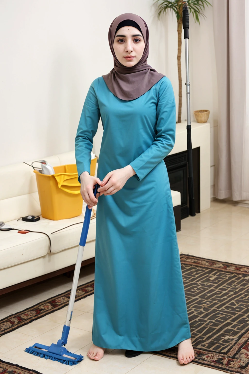 Pale skin Kurdish woman in straight hijab housekeeping house cleaning 