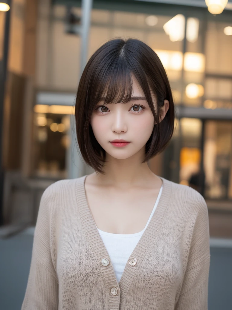 Detailed details,、hight resolution、hightquality、Perfect dynamic composition、Beautiful detailed eyes、short-hair、Small breasts、Natural Color Lip、Kamimei、Shibuya、20 years girl、1 persons、Transparent skin、Glowing hair、masutepiece、Best Quality、finely detail、hight resolution、8K、The correct state of the human body、randome pose、Gravure Model Pose、Onepiece、Cardigan、Hair soaring in the wind、You can't see much of the chest