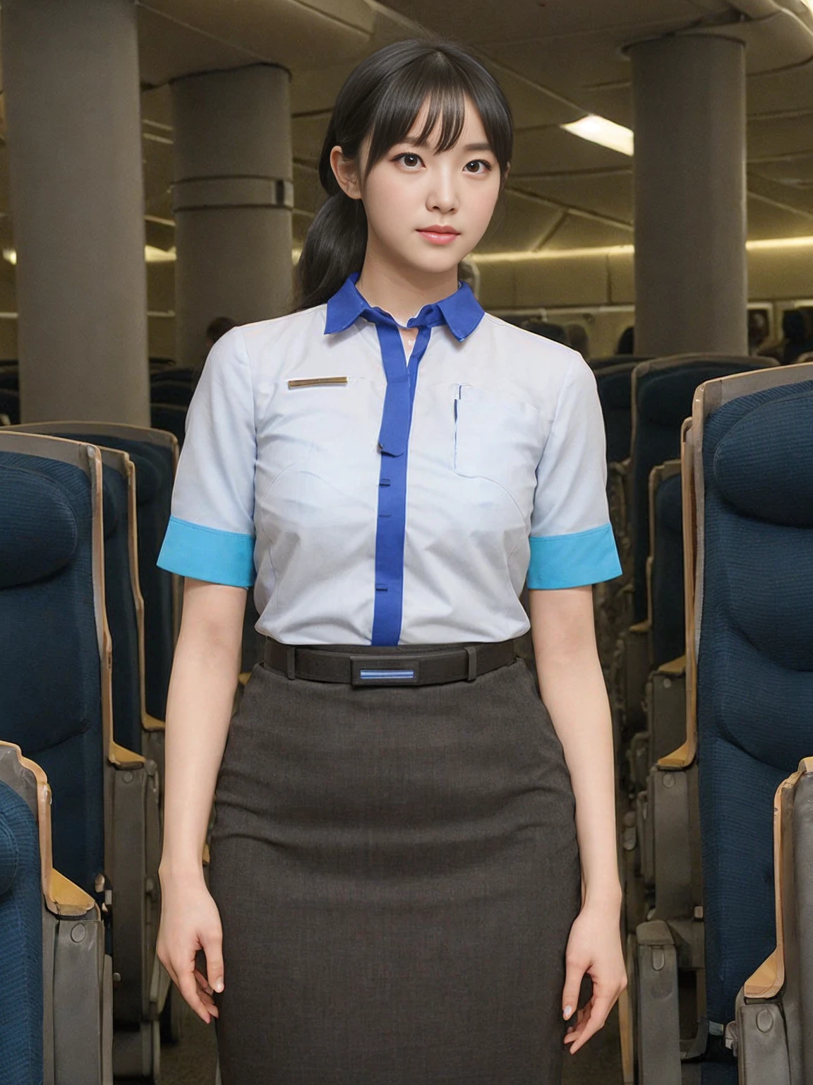 32K, RAW Photos, Highest quality, Realistic, photoRealistic:1.2, Super detailed, break,, One girl:1.2, alone:1.4, full_body:1.2, cabin_crew, uniform, Are standing, Inside the airport, Clear and beautiful, Perfect Face, Fine grain, Black Hair, Huge breasts:1.6, Tight waist, (Have, Korea_uniform, stewardess, green_shirt, pencil_skirt), Black Pantyhose, Realistic human skin, Skin Texture, View your viewers, Light on the face, Bokeh, (perfect body shape), (slim), Realistic Skin Texture