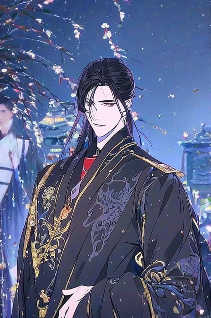 a man in a black robe, young and handsome man, ponytail, long hair, ancient Chinese clothing, qi, a huge saber, ancient Chinese buildings in the background, night, powerful character, purple rays, a beautiful landscape. Detailed face, thick eyebrows, black eyes, 8k, robe embroidered with gold edges, detailed clothing, xianxia, world of cultivation.
