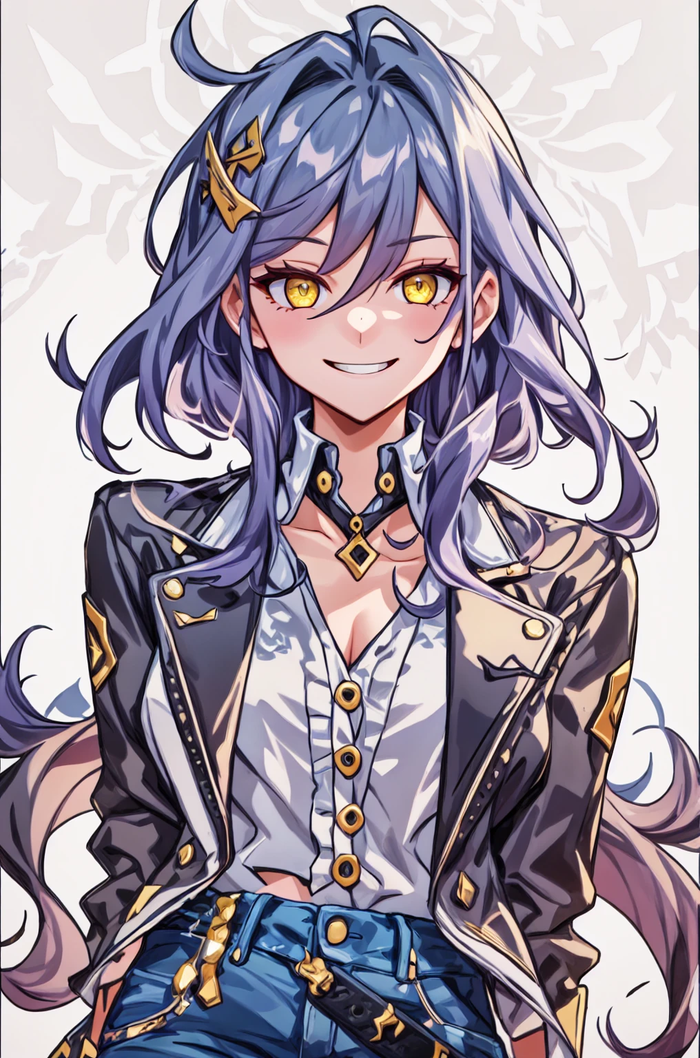((masterpiece)), ((ultra-detailed)), ((best quality)), ((intricate details)), (1girl:1.4), portrait, dynamic pose, model, photoshoot, wink, gacha sprite, solo, vibrant colours, purple hair, yellow eyes, hair ornament, smiling, smirking, casual clothes, black open jacket, summer clothes, white background, modern clothes, t-shirt, denim jeans, long hair, cute, happy, hands behind back