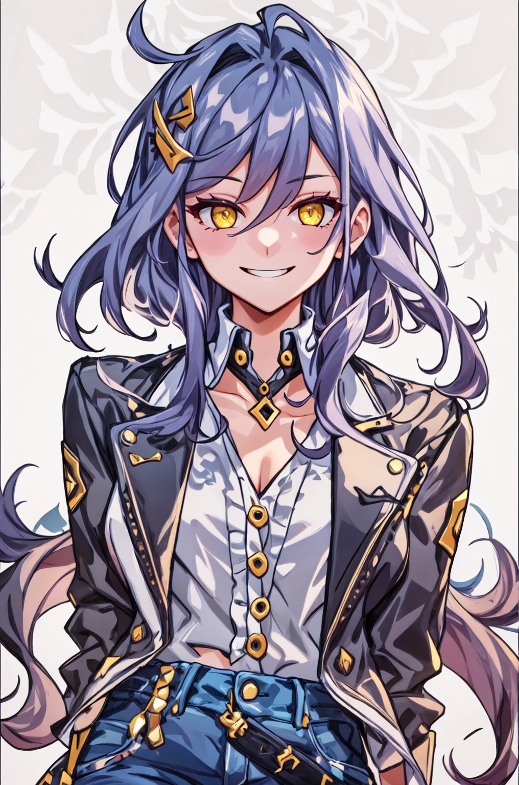 ((masterpiece)), ((ultra-detailed)), ((best quality)), ((intricate details)), (1girl:1.4), portrait, dynamic pose, model, photoshoot, wink, gacha sprite, solo, vibrant colours, purple hair, yellow eyes, hair ornament, smiling, smirking, casual clothes, black open jacket, summer clothes, white background, modern clothes, t-shirt, denim jeans, long hair, cute, happy, hands behind back