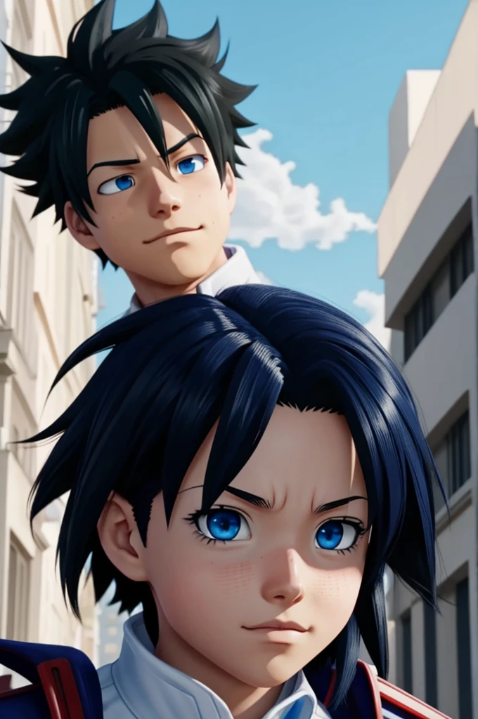 Screenshot of my hero academia with blue eyes and black hair
