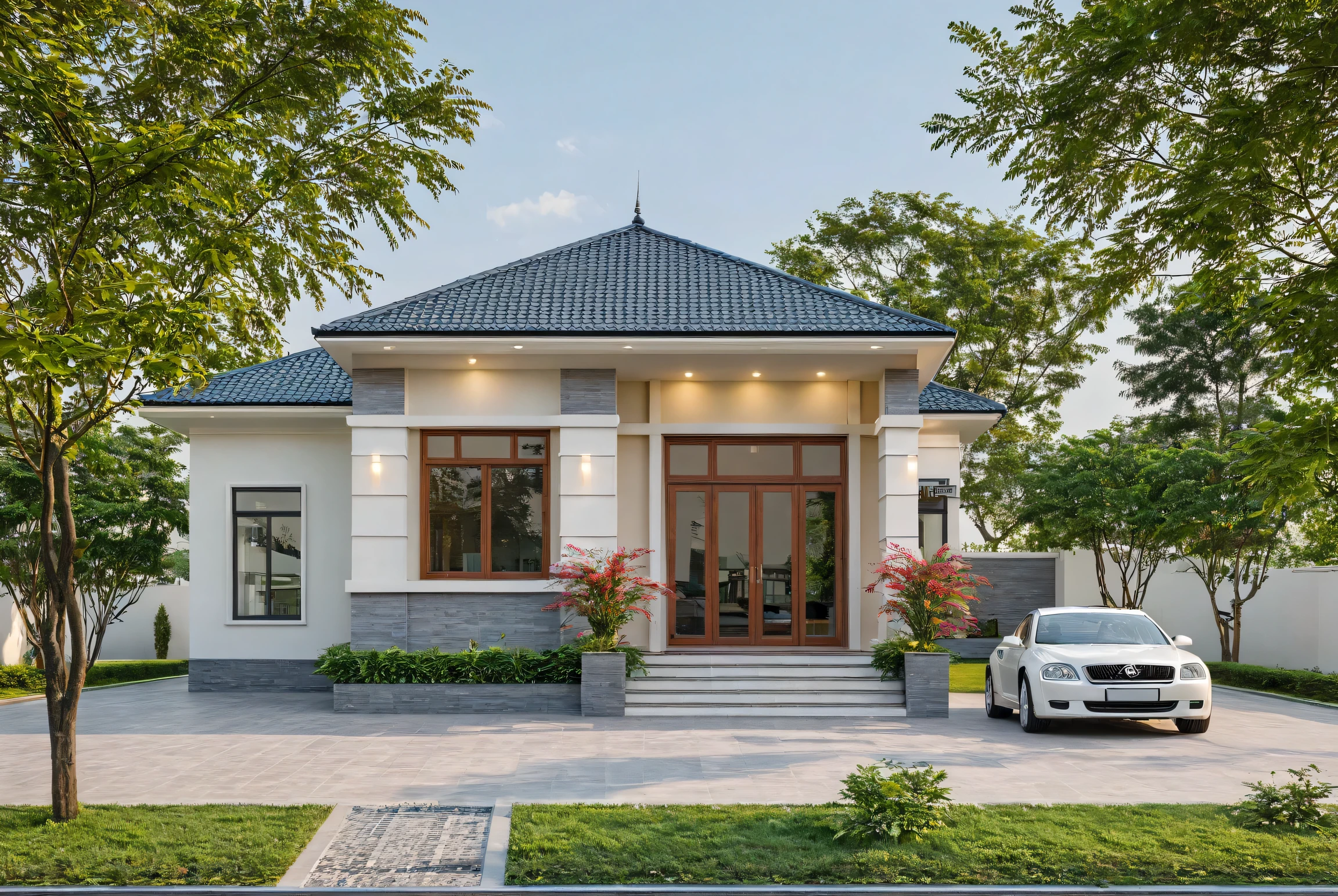 Raw photo,Masterpiece, high quality, best quality, authentic, super detail,
exterior, outdoors, house, Nhamainhat, aiaigroup on the tropical garden, minimalist line,onestoreyvilla, modern style, gray tile roof
brick yard,grass,tropical trees, sky, (day:1.1),Tropical garden background
