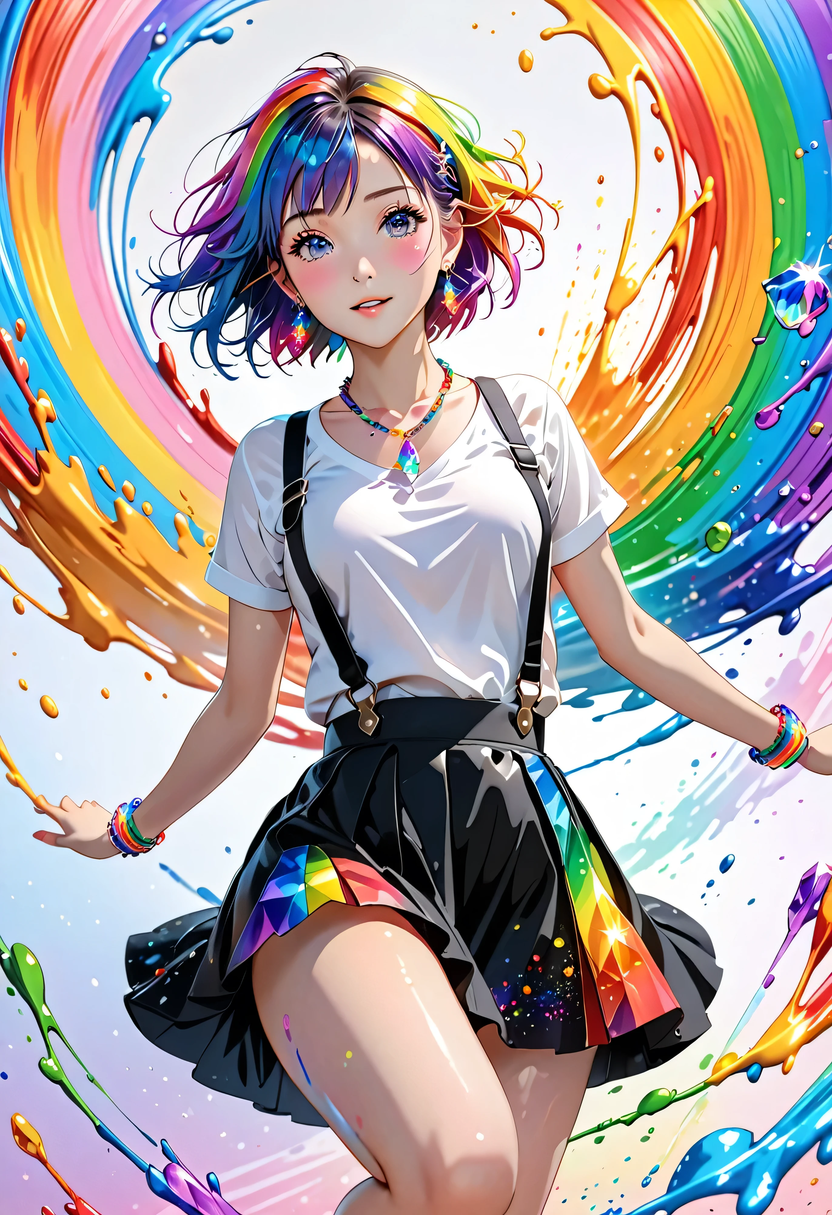 anime, 1 girl, japanese, full body picture, jumping, feet not touching the ground, showing whole body, masterpiece,High resolution,8K,Art,digit,Three-dimensional,Realism,Kyoto Animation Style,your name movie style, ((Paint splashes,splash of color, Ink splash)),looking into camera,Soft Light,Glowing skin,(1 female: 1.3),(alone: 1.4),(((colorful hair))),((Colorful suspender skirt)),(Rainbow crystal hair clip),(Rainbow crystal small necklace),(Rainbow crystal small earrings),(Rainbow crystal bracelet),(Rainbow crystal ring),Long eyelashes,Slender legs,Short Bob,Close-up of upper body,Close-up,close view,colorful background,(Eyes as deep as the starry sky),(Shut up),(blush),(shy),(lovely and delicate)