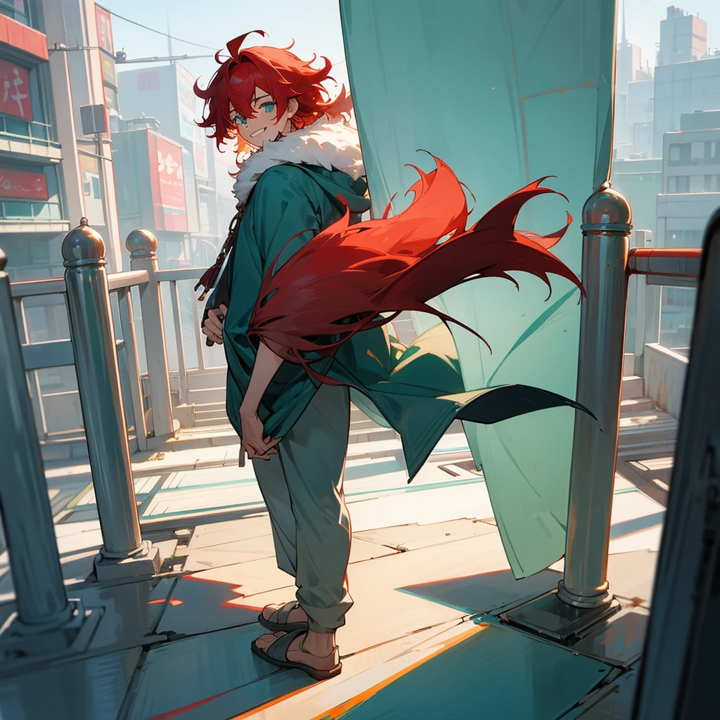 1male, adult, finely detailed aqua eyes, messy medium hair, two tone hair color, red hair color, blue hair color, casual clothing, loose pants, fur poncho, standing on building, day time, tokyo streets, calm expression, muscular, grin