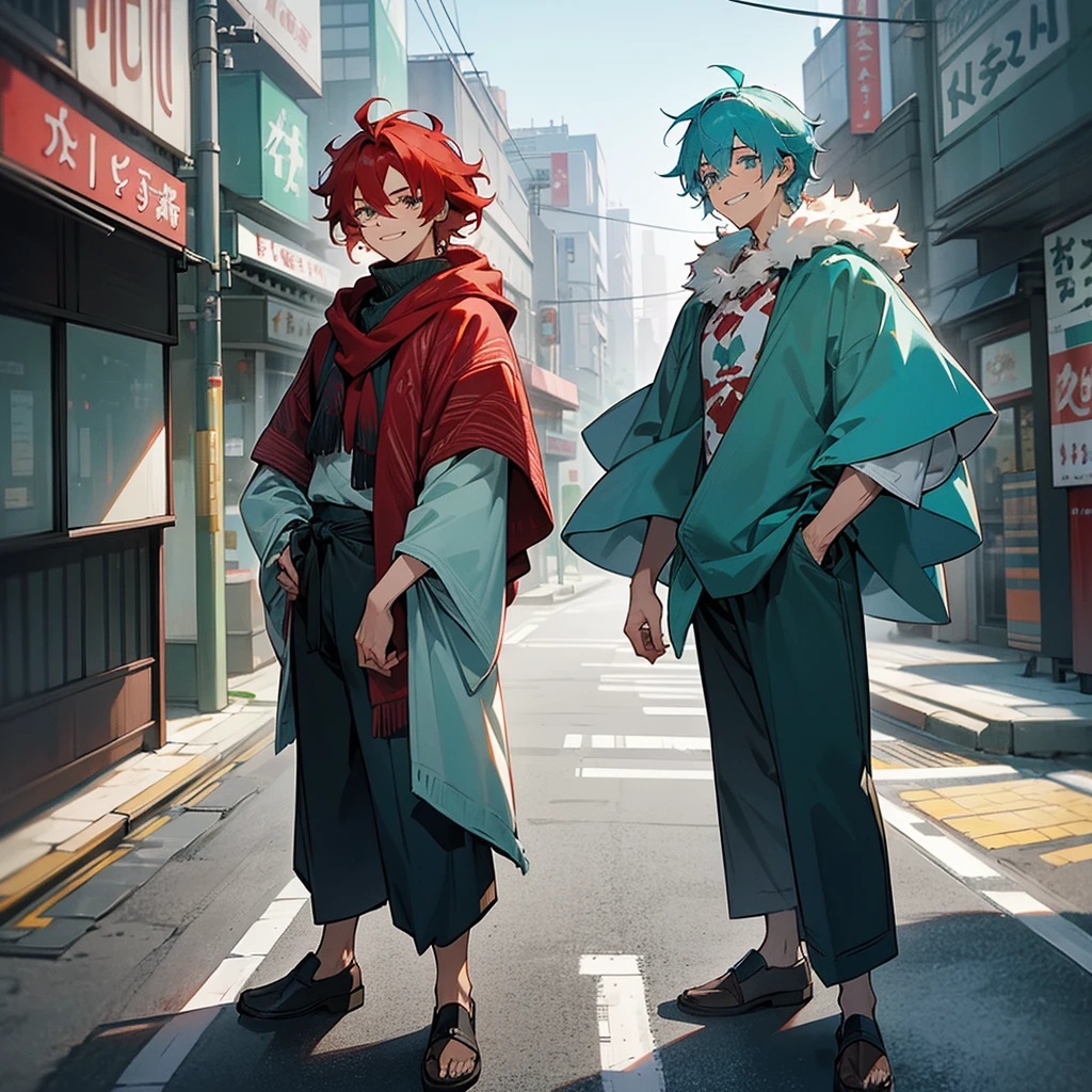 1male, adult, finely detailed aqua eyes, messy medium hair, two tone hair color, red hair color, blue hair color, casual clothing, loose pants, fur poncho, standing on building, day time, tokyo streets, calm expression, muscular, grin