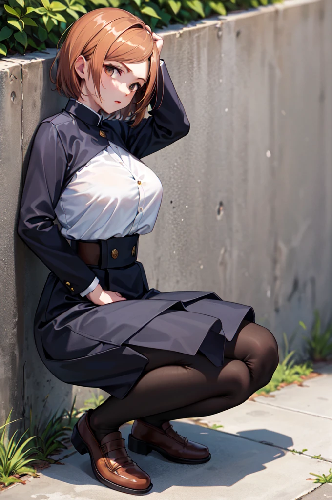 masterpiece, Highest quality, High resolution, That Rose, short hair, (Black jacket:1.2), button, Long sleeve, Black Skirt, High Waist Skirt, Black Pantyhose, squat, Outdoor, street, From the side, wall, View your viewers,Peeing,Large Breasts