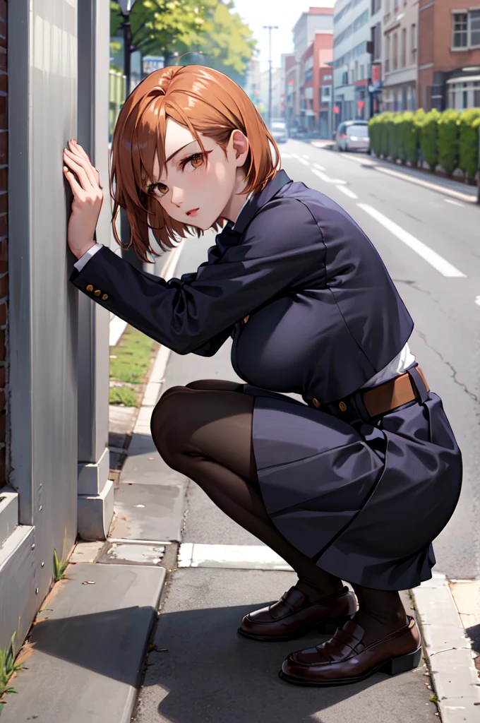 masterpiece, Highest quality, High resolution, That Rose, short hair, (Black jacket:1.2), button, Long sleeve, Black Skirt, High Waist Skirt, Black Pantyhose, squat, Outdoor, street, From the side, wall, View your viewers,Peeing,Large Breasts