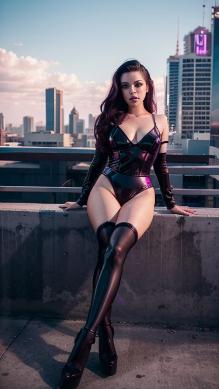 Una chica con el rostro de Amy lee, estilo synthwave, con un fondo de una Ciudad futurista, mini falda y tacones