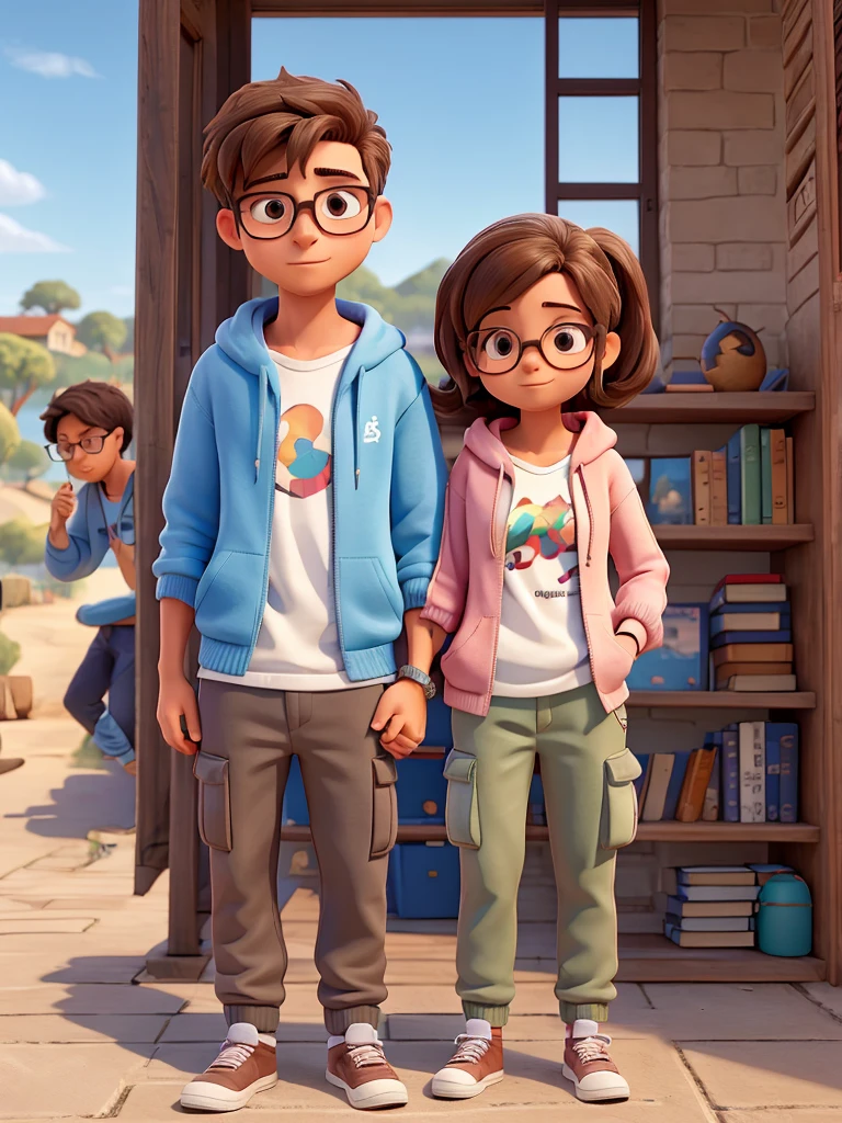 desenhe um casal em aquarela, She is resting her head on his shoulder. he is wearing cargo pants, round glasses and a hoodie. tem cabelo ondulado em corte americano. she has a book in her hand, tem cabelo cacheado longo, He's wearing white cargo pants and a yellow sweatshirt..