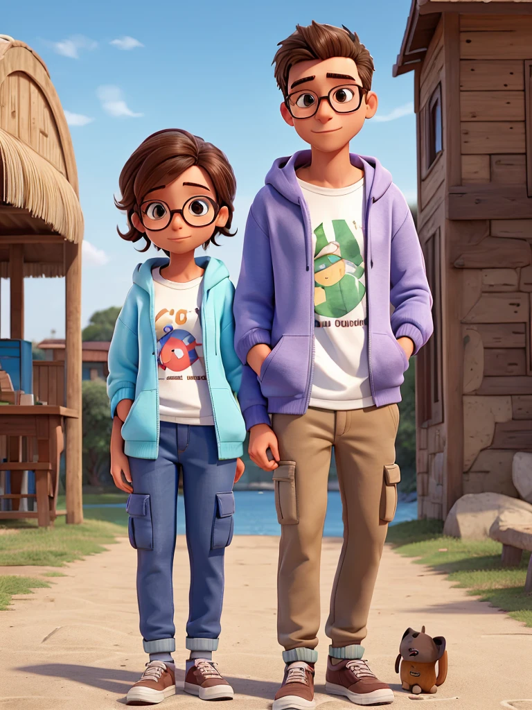 desenhe um casal em aquarela, She is resting her head on his shoulder. he is wearing cargo pants, round glasses and a hoodie. tem cabelo ondulado em corte americano. she has a book in her hand, tem cabelo cacheado longo, He's wearing white cargo pants and a yellow sweatshirt..