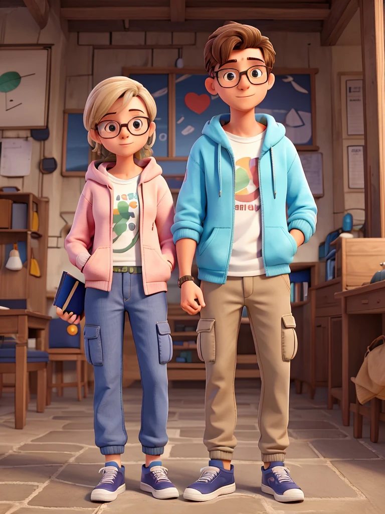 desenhe um casal em aquarela, She is resting her head on his shoulder. he is wearing cargo pants, round glasses and a hoodie. tem cabelo ondulado em corte americano. she has a book in her hand, tem cabelo cacheado longo, He&#39;s wearing white cargo pants and a yellow sweatshirt..