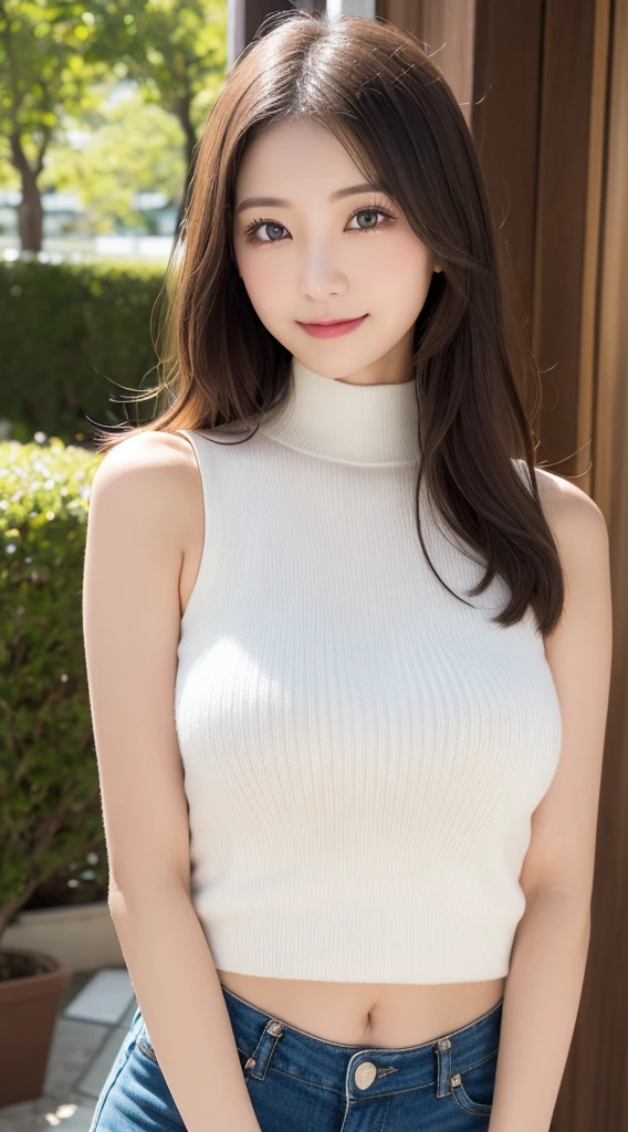 masutepiece, Best Quality, Photorealsitic, finely detail, hight resolution, 8K Wallpapers, Perfect dynamic composition, Beautiful detailed eyes, Medium Hair, large full breasts, Random and sexy poses,Bring your chest together、(Open Chest Mock Neck Crop Tank Top White Knitwear Clear Clave)、(Breast bulge 1.2)、A smile、open open mouth、Resort scenery、25-years old、(Drooping eyes 1.4)、Adult beauty、japanes