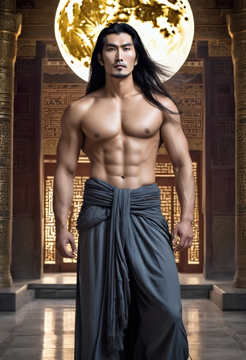 huge sexy masculine inflated tall man Asian, without beard and stubble, with long flowing straight hair in full height with open eyes, Looking Forward, - god of the moon, Apollo's body, silver jewelry, naked torso to the waist, in a floor-length silver skirt, semicircular patterns on clothes, depicting the moon, Covered with a black cape, in black clothes, semicircular symbols on clothes
In the temple with Arabic architecture
DARK FANTASY STYLE