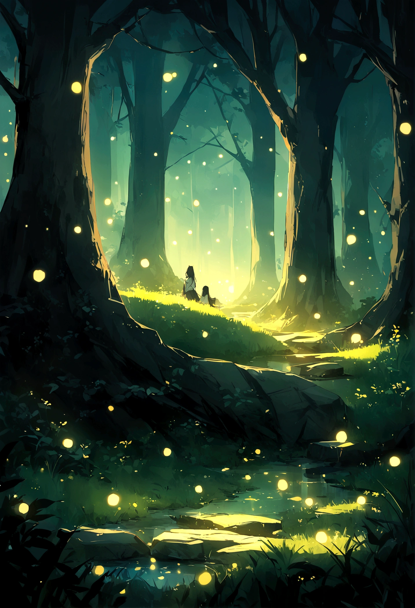 Wild paths with fireflies, azure moonlit nights, a quiet scene with no people, the best image quality.