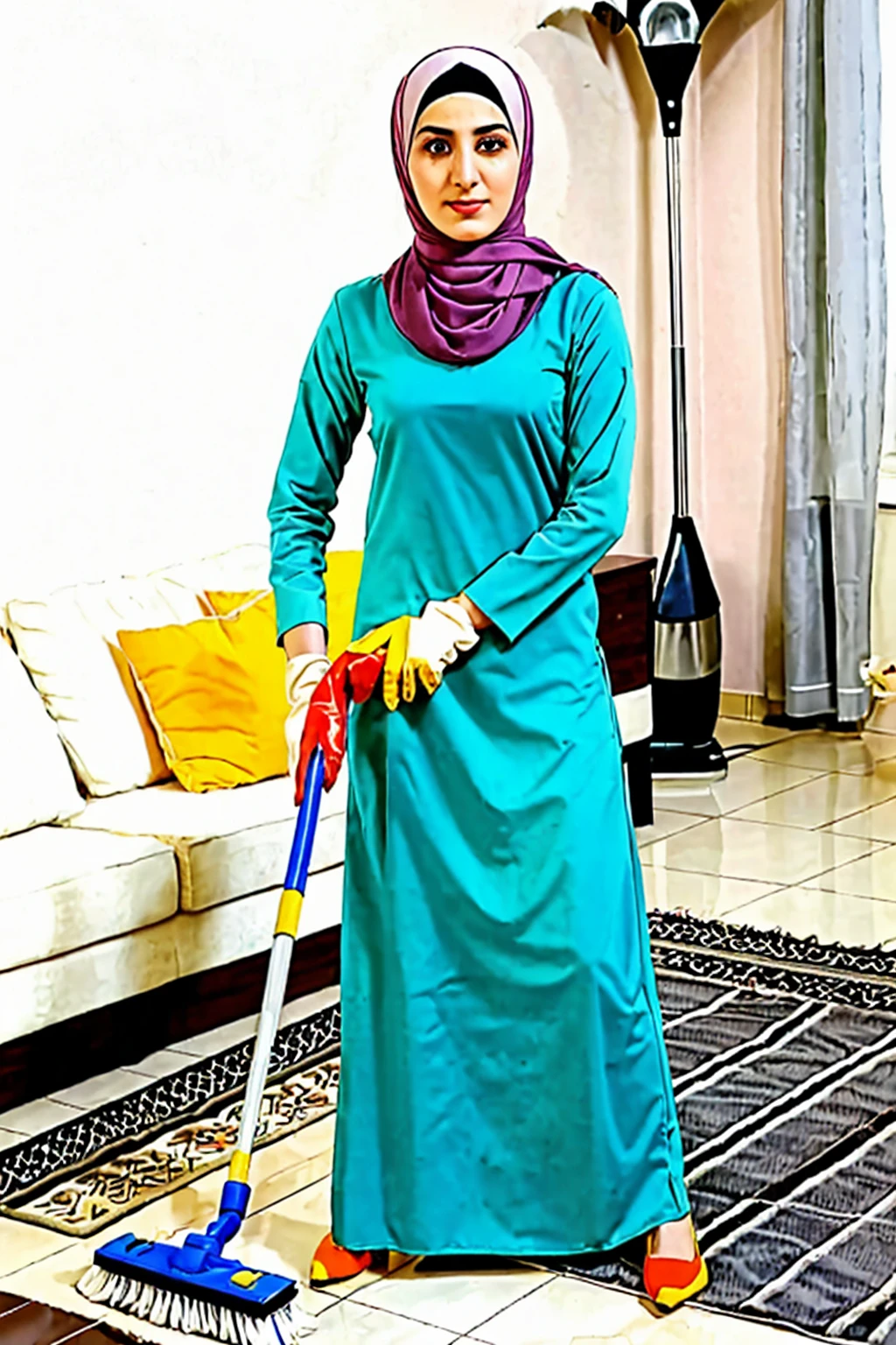 Pale skin Kurdish woman in straight hijab housekeeping house cleaning 