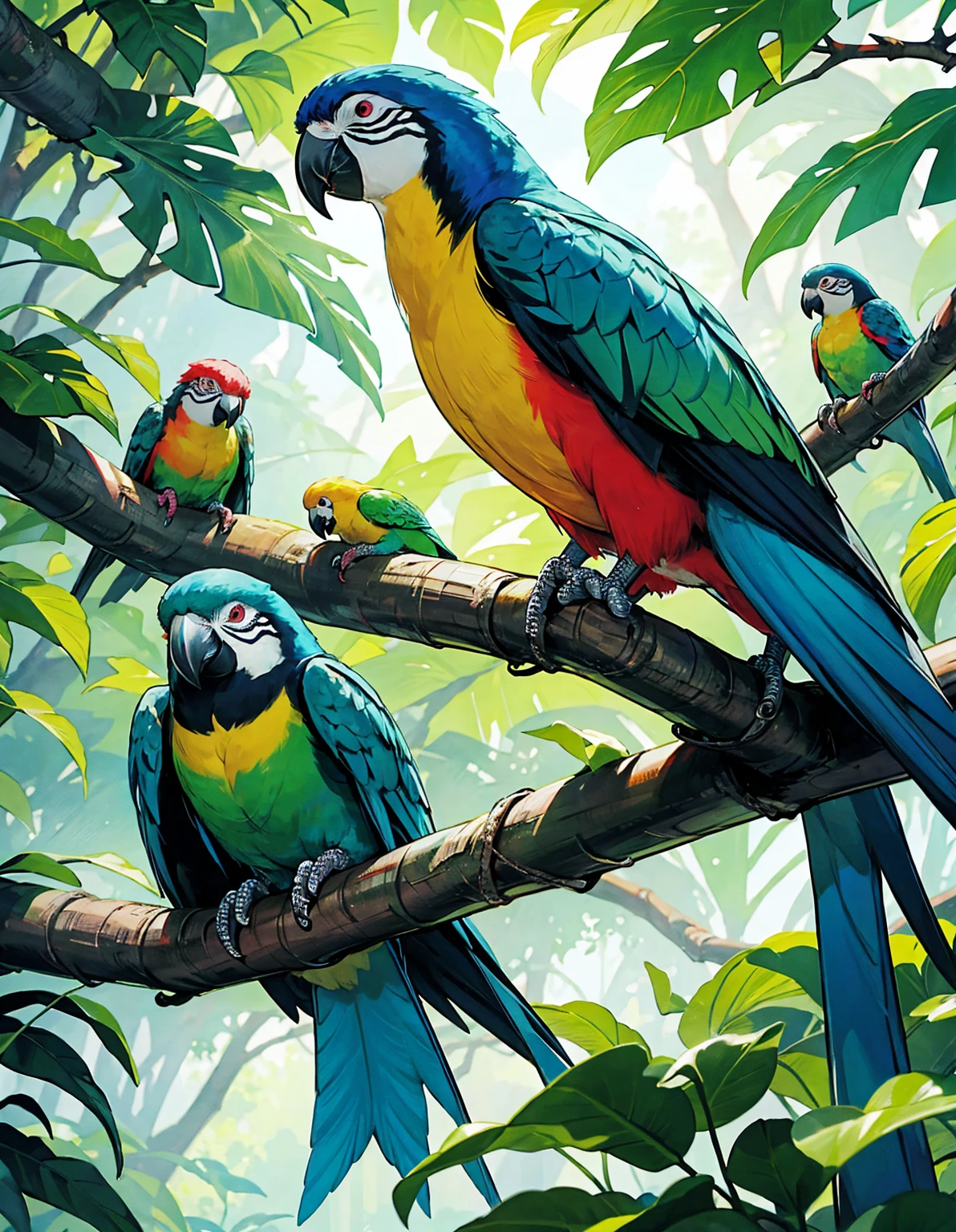 During the day, the rainforest is teeming with vibrant life.、The colorful parrots and parakeets are particularly eye-catching.。They fly freely in the blue sky、sometimes、Perched gracefully on a tree branch。Sunlight shines through the leaves、The colors of the birds' feathers stand out even more.。As the birds chirp、Their appearance symbolizes the beauty of nature.。Such a scene、It gives a sense of the richness and vitality of the rainforest.。