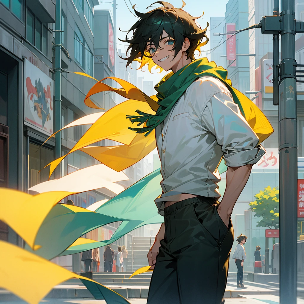 1male, adult, finely detailed aqua eyes, messy medium hair, two tone hair color, yellow hair color, black hair color, casual clothing, loose pants, scarf, standing on building, day time, tokyo streets, calm expression, muscular, grin