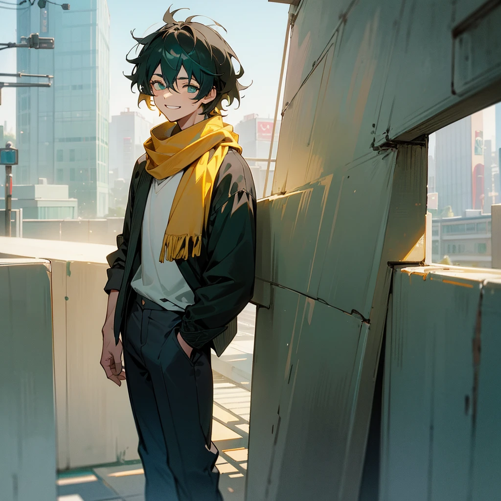 1male, adult, finely detailed aqua eyes, messy medium hair, two tone hair color, yellow hair color, black hair color, casual clothing, loose pants, scarf, standing on building, day time, tokyo streets, calm expression, muscular, grin