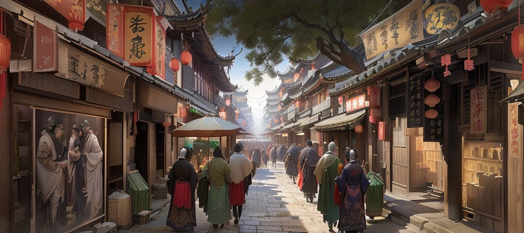 There are many pedestrians on the city streets, Beautiful rendering of the Tang Dynasty, old Chinese street market, traditional japanese Concept Art, Dreamy Chinatown, Estilo de Raphael Lacoste, China Village, The ancient city streets behind her, Delicate matte, highly realistic Concept Art, Concept Art rendering, Concept Art matte painting, street japan, Concept Art , Height Rendering
