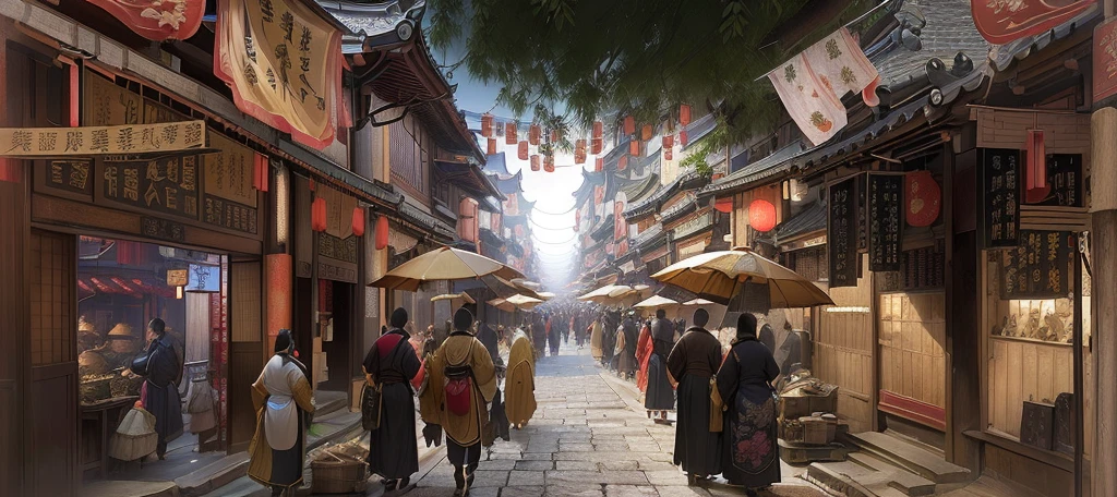 There are many pedestrians on the city streets, Beautiful rendering of the Tang Dynasty, old Chinese street market, traditional japanese Concept Art, Dreamy Chinatown, Estilo de Raphael Lacoste, China Village, The ancient city streets behind her, Delicate matte, highly realistic Concept Art, Concept Art rendering, Concept Art matte painting, street japan, Concept Art , Height Rendering