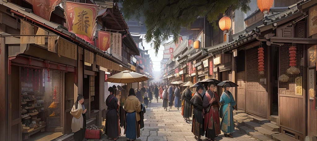 There are many pedestrians on the city streets, Beautiful rendering of the Tang Dynasty, old Chinese street market, traditional japanese Concept Art, Dreamy Chinatown, Estilo de Raphael Lacoste, China Village, The ancient city streets behind her, Delicate matte, highly realistic Concept Art, Concept Art rendering, Concept Art matte painting, street japan, Concept Art , Height Rendering