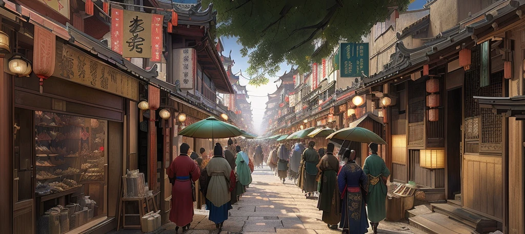 There are many pedestrians on the city streets, Beautiful rendering of the Tang Dynasty, old Chinese street market, traditional japanese Concept Art, Dreamy Chinatown, Estilo de Raphael Lacoste, China Village, The ancient city streets behind her, Delicate matte, highly realistic Concept Art, Concept Art rendering, Concept Art matte painting, street japan, Concept Art , Height Rendering