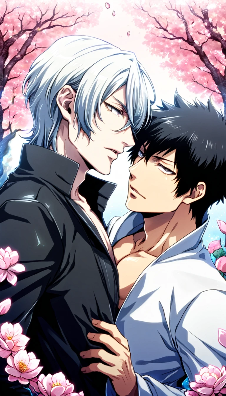 absurdres, highres, ultra detailed, HDR, master piece, best quality, Makishima Shougo, white hair, expressive gray eyes, psycho pass, Kougami Shinya, black hair, expressive gray eyes, two sexy men together, gay couple, yaoi, handsome, toned chest, white coat, black coat, magical, fantasy, shining, pink flowers, pink blossoms, pink butterflies, pink petals, water