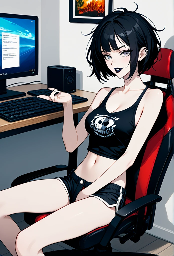 mature woman, mature body, goth, hot face, black lipstick, tongue out, teasing expression, seductive grin, hot face, (sharp eyes), gray eyes, short hair, messy hair, black hair, slim body, medium breast, short pants, hot pants, black clothes, midriff, sitting down, (sitting on rolling chair, sitting in front of a computer, flat schreen computer), crossing legs, view from side, side view, living room, (masturbating, hands in pants)
