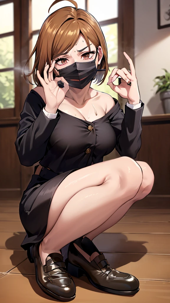  ((((Open your mouth))))、masterpiece,Highest quality,High resolution,Very detailed,bb Festival,meだium hair,skinny,Ahoge,Brown Hair,(((((  Captivating smile ))))),skinny,Hair between the eyes,bangs,Race,(((( Perfect Fingers )))) ,  shoes,(black shoes:1.4),Race trim,shoes,Black footwear,indoor,(Cafe:1.2),((Blowjob Gestures:1.5))、Open your mouth ,Sitting,Chair,Heavy breathing ,Put your hand in front of your mouth,Put your hand in front of your mouth, manga,article,magazine、(Black Mask:1.2, Remove the mask:1.3)、Squint your eyes、Sharp Eye、((vapor,Sweat、Vulgarity)),(Late Night:1.8, dark照明:1.6, dark:1.8, Spotlight, Heart-shaped pupils:1.2, Motion Blur)