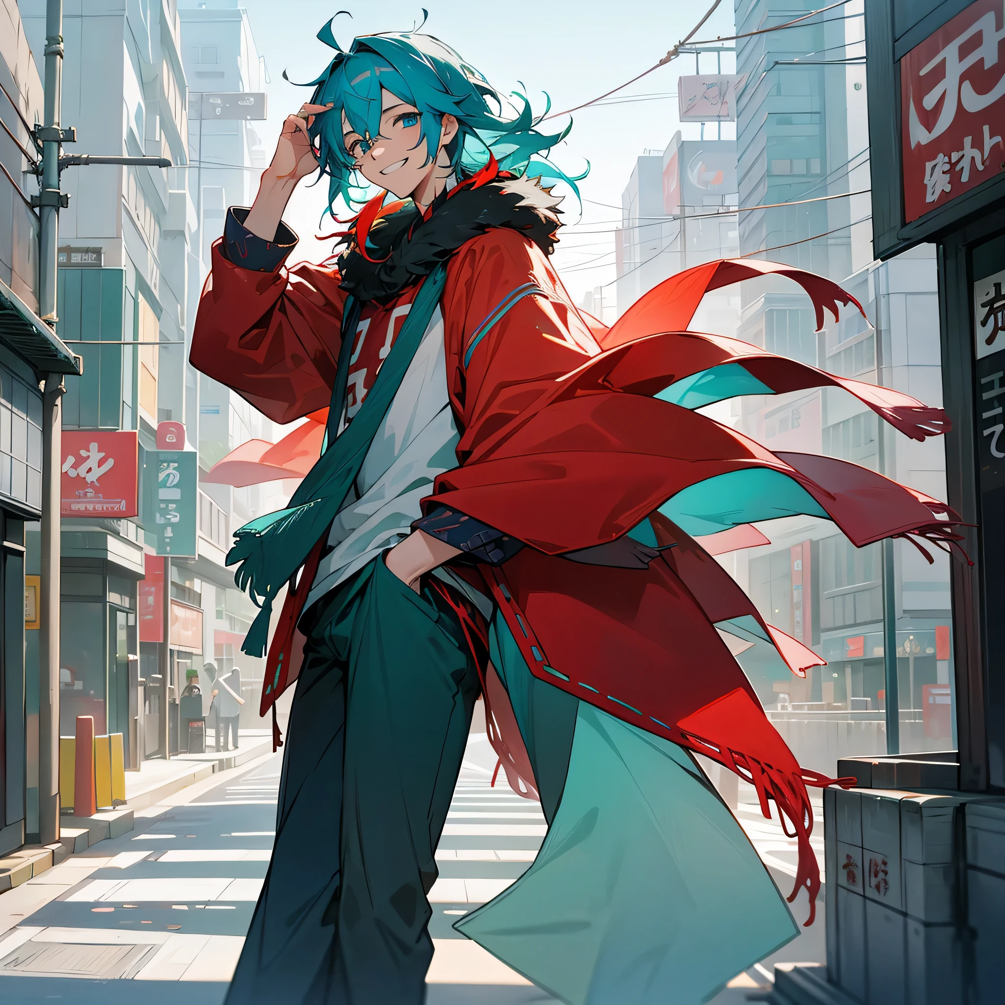1male, adult, finely detailed aqua eyes, messy medium hair, two tone hair color, red hair color, blue hair color, casual clothing, loose pants, fur poncho, standing on building, day time, tokyo streets, calm expression, muscular, grin
