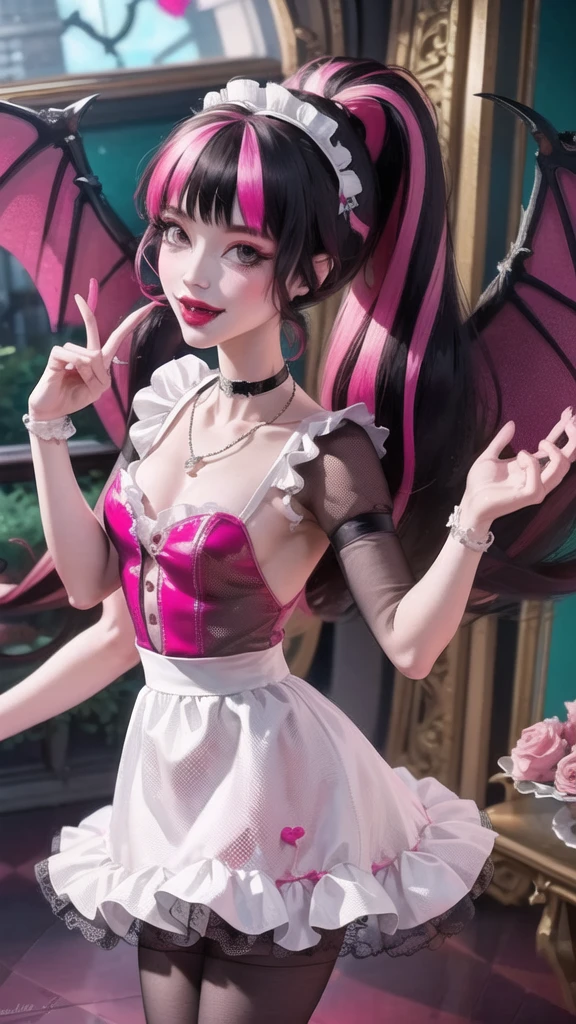1 girl, a girl with bat wings on her back, perfectly hands, perfectly body, black choker, bat necklace, necklace, centered, bat jewelry, award winning upper body portrait, cowboy shot, (looking at viewer:1.2), Draculaura_MH, solo, black half hair, pink half hair, multicolored hair, long hair, ornament hair, choker, maid dress, maid clothes, maid headdress , maid apron, white apron, pink shirt, white dress, pink knee boots, smiling, kitchen scenery, cake on focus, kitchen, stand up close to window, depth of field, cinematic composition, ((high quality)), ((Work of art)), (more detail), half black hair, half soft pink hair, wave hair, smile, vampire fangs, bat wings, white dress, black dress with transparency, pink laces, black gloves, black high socks, high hills boots, bat jewelry, jewelry, seat on the grass, dark red roses on focus, Draculaura_(monster high), Monster High, looking at the viewer, more details on the clothes,