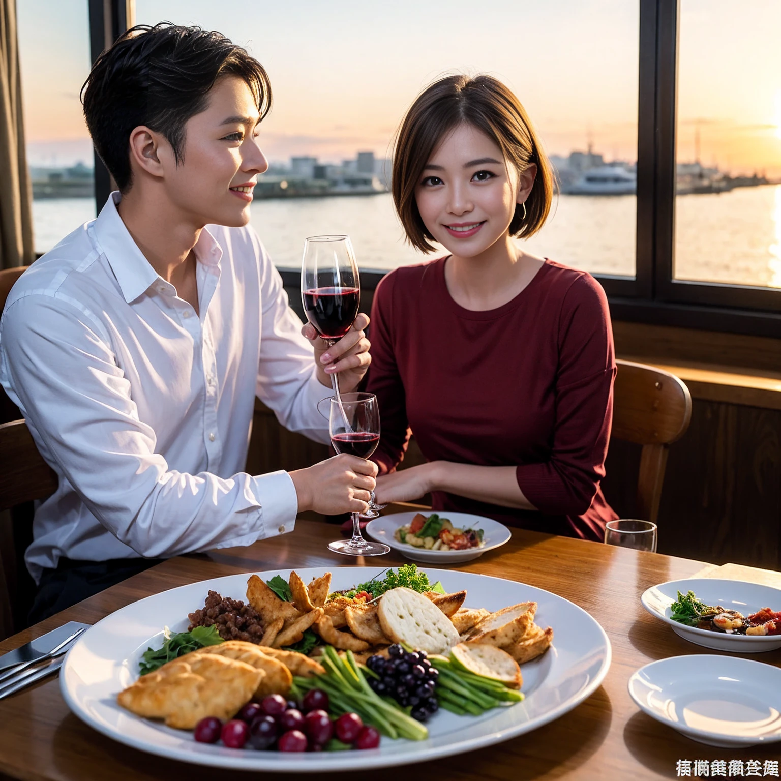 ((Highest quality、8k、masterpiece:1.3))、 (Genuineistic, Genuine、Bright image、Intricate details:1.2), 最高のsmile 男性1人 女性1人、美しいCouple、lover、Relatives and friends、actress Couple、Couple、モデルCouple、smile、Full-course dinner at a packed table、テーブルにwine glass、 (Slim face), (the body is slim), (Brown Hair), (short hair), Please shine a light on my face、 Amazing view of the sunset sky and clouds、 (age 34), 38 years old, red wine 、Appetizers、Wine bottle、sparkling wine、Long sleeve shirt、dress、White wine, red wine, wine glass,