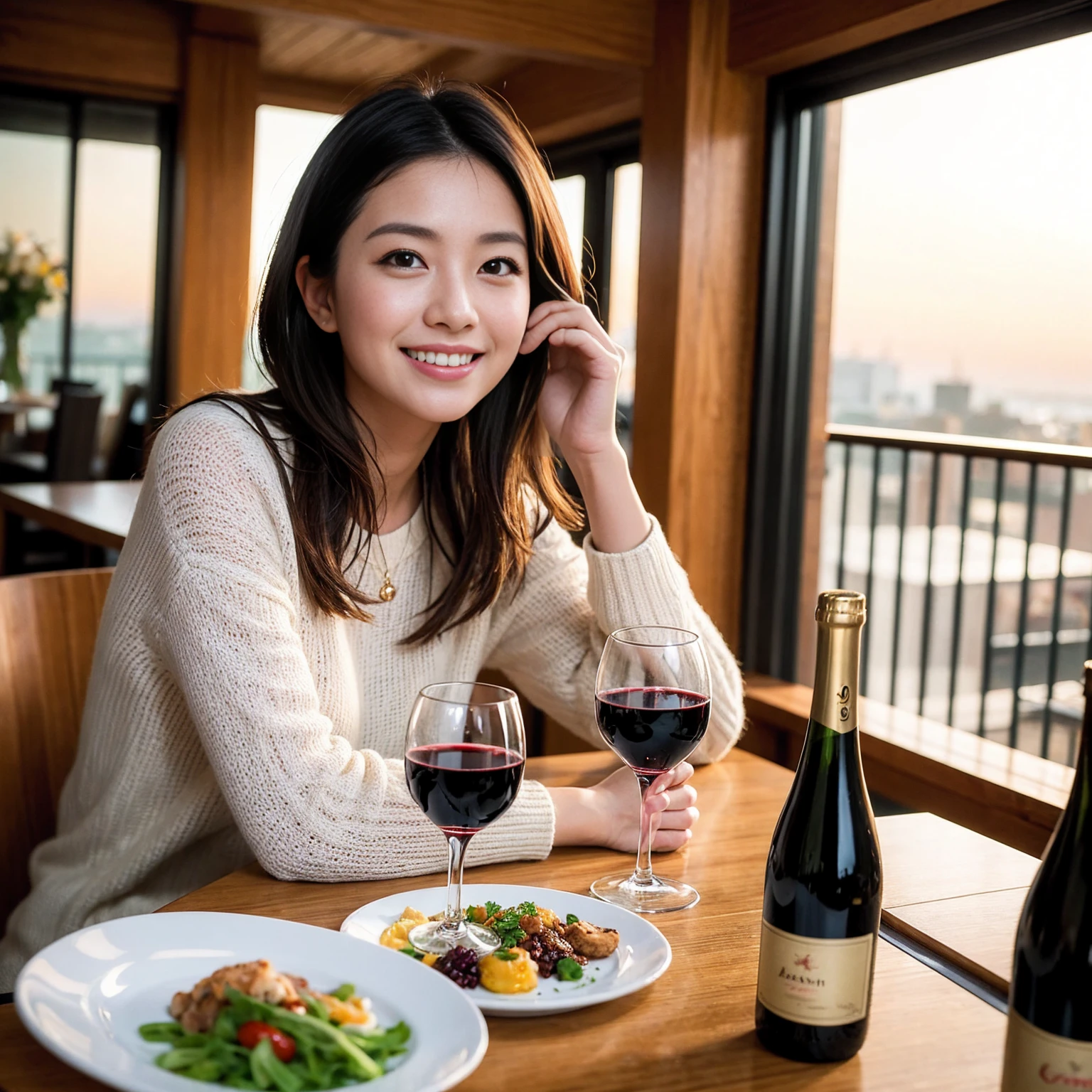 ((Highest quality、8k、masterpiece:1.3))、 (Genuineistic, Genuine、Bright image、Intricate details:1.2), 最高のsmile 男性1人 女性1人、美しいCouple、lover、Relatives and friends、actress Couple、Couple、モデルCouple、smile、Full-course dinner at a packed table、テーブルにwine glass、 (Slim face), (the body is slim), (Brown Hair), (short hair), Please shine a light on my face、 Amazing view of the sunset sky and clouds、 (age 34), 38 years old, red wine 、Appetizers、Wine bottle、sparkling wine、Long sleeve shirt、dress、White wine, red wine, wine glass,