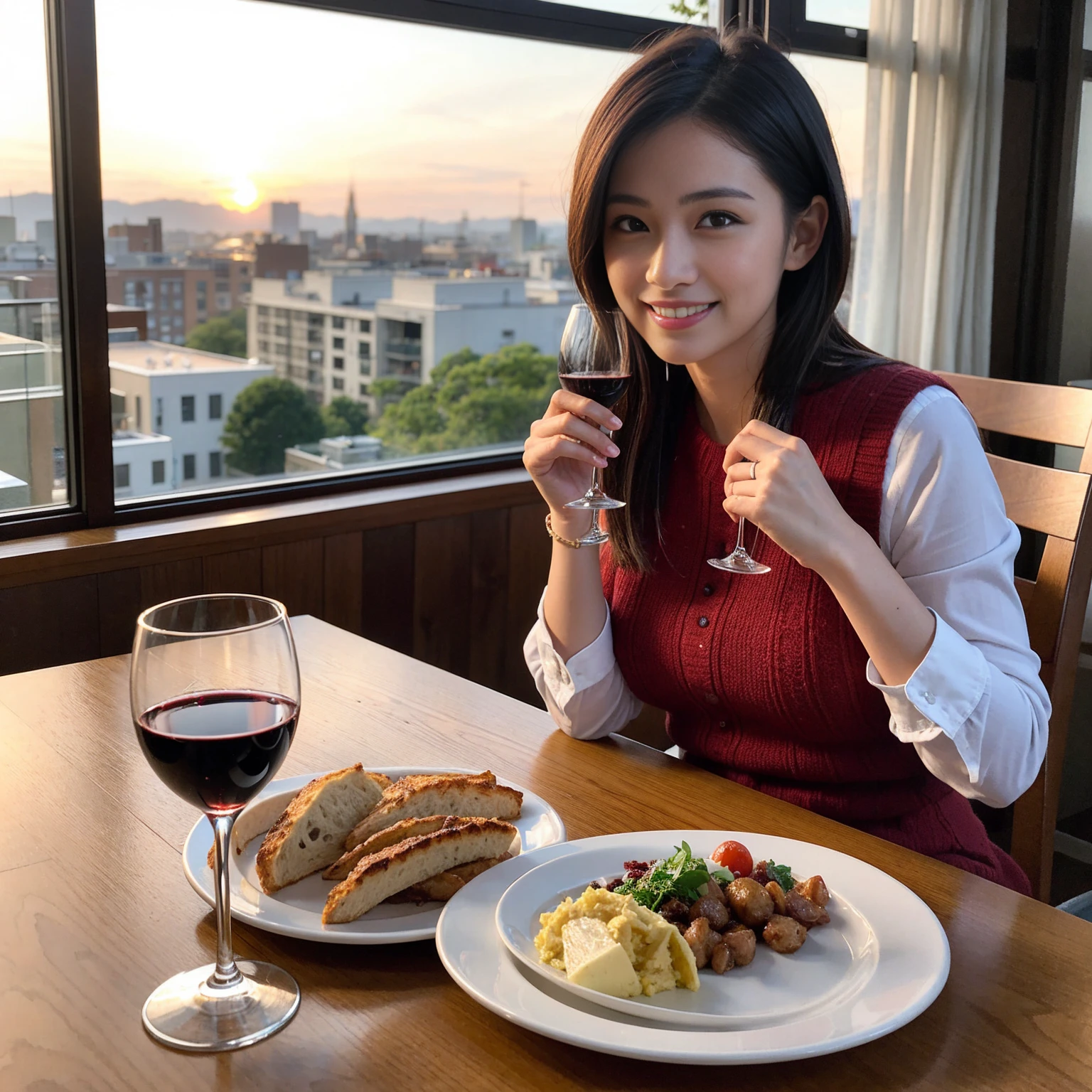 ((Highest quality、8k、masterpiece:1.3))、 (Genuineistic, Genuine、Bright image、Intricate details:1.2), 最高のsmile 男性1人 女性1人、美しいCouple、lover、Relatives and friends、actress Couple、Couple、モデルCouple、smile、Full-course dinner at a packed table、テーブルにwine glass、 (Slim face), (the body is slim), (Brown Hair), (short hair), Please shine a light on my face、 Amazing view of the sunset sky and clouds、 (age 34), 38 years old, red wine 、Appetizers、Wine bottle、sparkling wine、Long sleeve shirt、dress、White wine, red wine, wine glass,