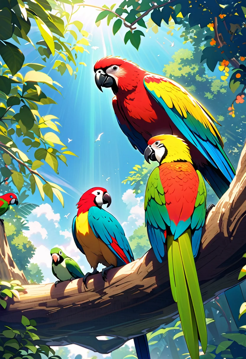 During the day, the rainforest is teeming with vibrant life.、The colorful parrots and parakeets are particularly eye-catching.。They fly freely in the blue sky、sometimes、Perched gracefully on a tree branch。Sunlight shines through the leaves、The colors of the birds&#39; feathers stand out even more.。As the birds chirp、Their appearance symbolizes the beauty of nature.。Such a scene、It gives a sense of the richness and vitality of the rainforest.。