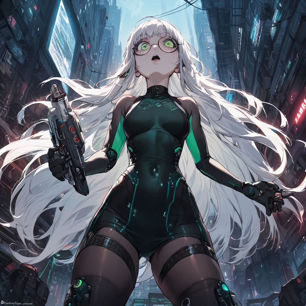 ((best quality)), ((masterpiece)), (detailed), city background, white hair, elf, pixie, blue, punk, tech, jelly fish hair cut, holding dagger, tired, shaggy long hair, round glasses, messy, skin tight dress, looking up, computers, thigh highs, green eyes,, cyberpunk, crazy eyes