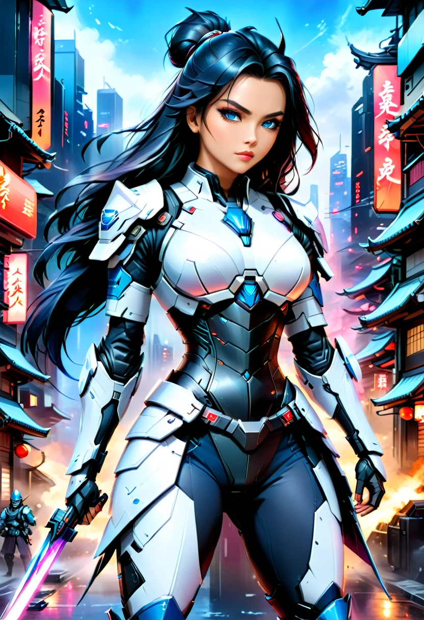 Japanese water color art picture of a mecha samurai woman in cyberpunk city, a mecha samurai woman, exquisite beautiful woman, (fully clothed: 1.3), black hair, long hair, (blue eyes: 1.3), she stands ready to battle, wearing (white mecha armor: 1.3), high heeled boots, she is armed with a Japanese sword, Japanese Cyberpunk city at night, background, (Masterpiece: 1.5), 16k, highres, best quality, high details, ultra detailed, masterpiece, best quality, (extremely detailed), arafed, mecha, female swordman
