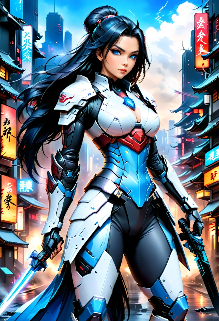 Japanese water color art picture of a mecha samurai woman in cyberpunk city, a mecha samurai woman, exquisite beautiful woman, (fully clothed: 1.3), black hair, long hair, (blue eyes: 1.3), she stands ready to battle, wearing (white mecha armor: 1.3), high heeled boots, she is armed with a Japanese sword, Japanese Cyberpunk city at night, background, (Masterpiece: 1.5), 16k, highres, best quality, high details, ultra detailed, masterpiece, best quality, (extremely detailed), arafed, mecha, female swordman
