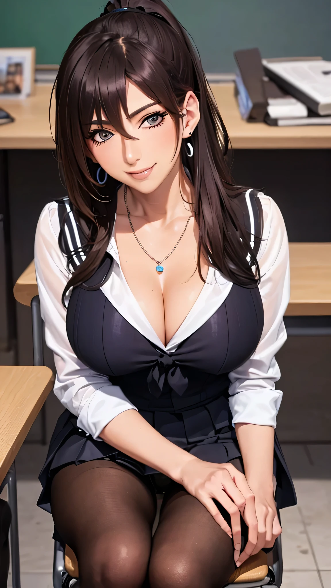 (((Highest quality))),(((High resolution))),((Correct Anatomy))、((Sailor suit))、(((Long Hair))),(((Highest quality))),(((Correct Anatomy))),(((school uniform)))、((((Black panties)))), ((Black Pantyhose)),((Pleated skirt)),((Fancy Lingerie)),((Black knee-high stockings)),((A shy smile)),(Tabletop, Highest quality, High resolution, , Pixel perfect, 4K,), (((Mature MILF)))、(One mature woman)、((Long Hair))、((ponytail))、I could see the whole body, Soft Breasts, Dynamic Angle, Perfect body, ((Earrings、necklace,Pleated skirt)),Office chair、sit