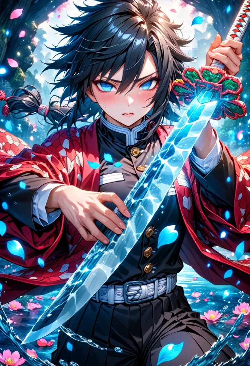 Ultra detailed, highres, absurdres, HDR, master piece, Tomioka Giyuu, black hair, expressive blue eyes, hair between the eyes, haori with patters, black demon slayer uniform, Kimetsu No Yaiba, fantasy, petals, blue flowers, handsome, sexy man grabbing a sword, solo, magical, shining blue fireflies, best quality, extremely detailed face and eyes, water, grabbing a sword
