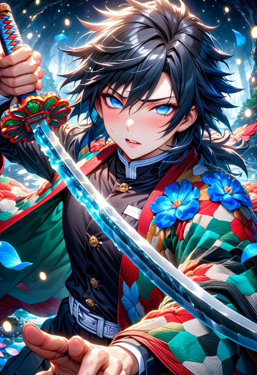 Ultra detailed, highres, absurdres, HDR, master piece, Tomioka Giyuu, black hair, expressive blue eyes, hair between the eyes, haori with patters, black demon slayer uniform, Kimetsu No Yaiba, fantasy, petals, blue flowers, handsome, sexy man grabbing a sword, solo, magical, shining blue fireflies, best quality, extremely detailed face and eyes, water, grabbing a sword