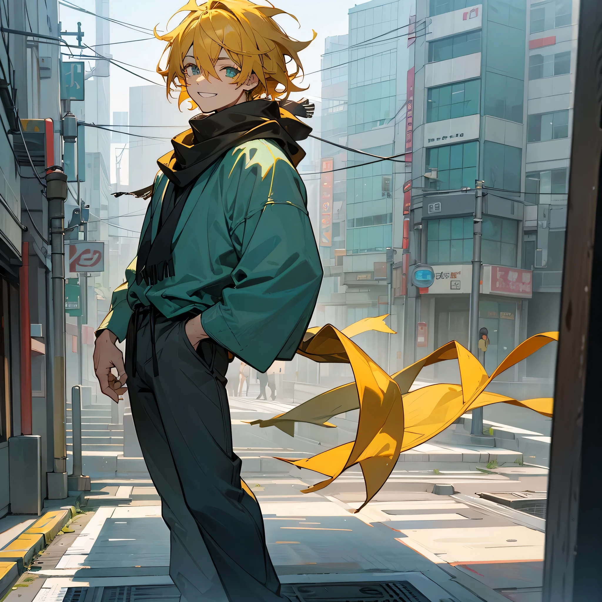 1male, adult, finely detailed aqua eyes, messy medium hair, two tone hair color, yellow hair color, black hair color, casual clothing, loose pants, scarf, standing on building, day time, tokyo streets, calm expression, muscular, grin