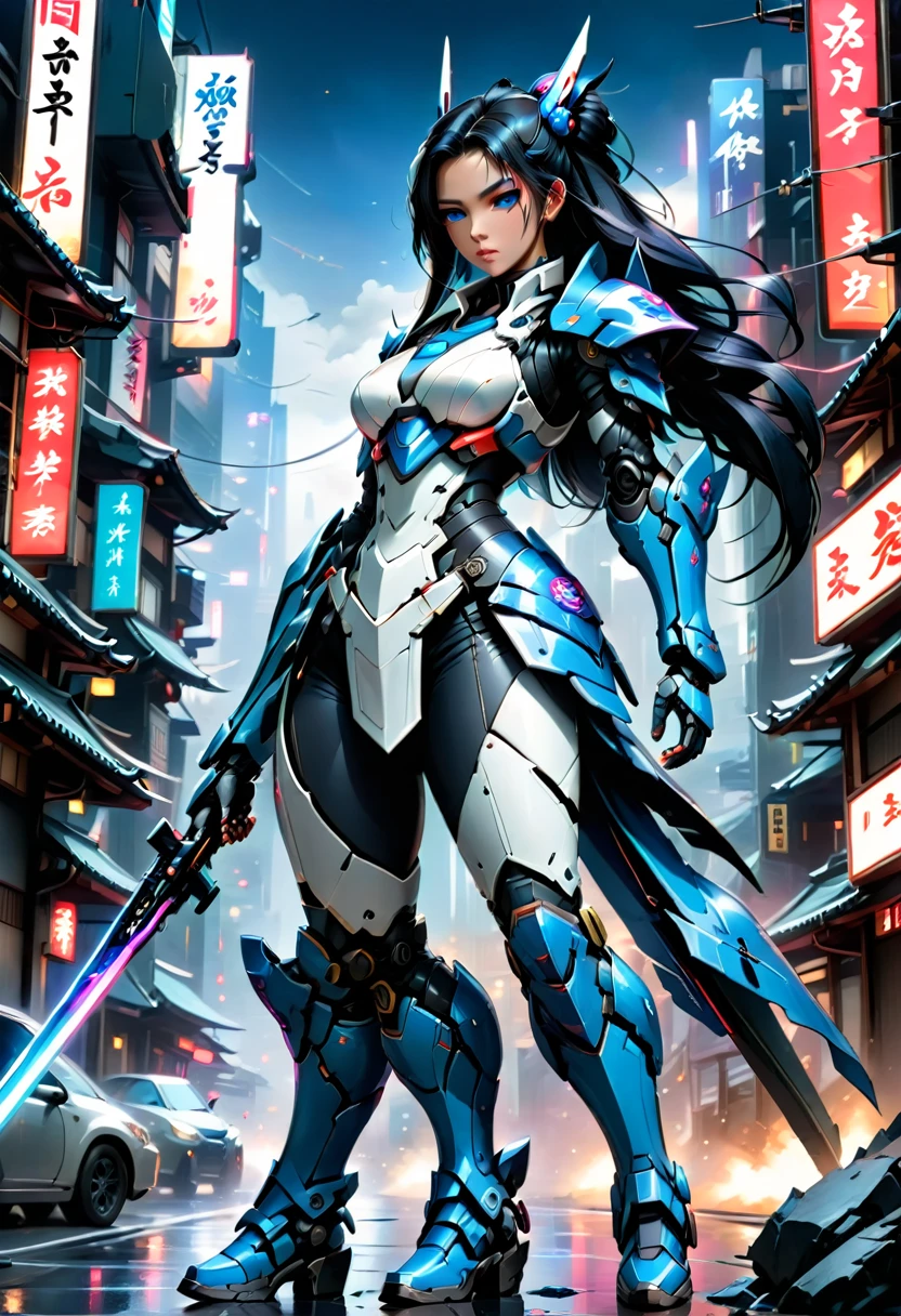 Japanese water color art picture of a mecha samurai woman in cyberpunk city, a mecha samurai woman, exquisite beautiful woman, (fully clothed: 1.3), black hair, long hair, (blue eyes: 1.3), she stands ready to battle, wearing (white mecha armor: 1.3), high heeled boots, she is armed with a Japanese sword, Japanese Cyberpunk city at night, background, (Masterpiece: 1.5), 16k, highres, best quality, high details, ultra detailed, masterpiece, best quality, (extremely detailed), arafed, mecha, female swordman