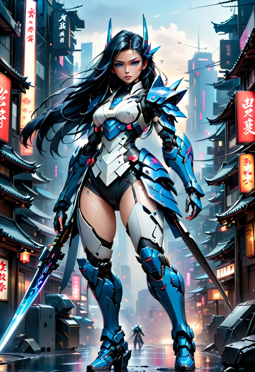 Japanese water color art picture of a mecha samurai woman in cyberpunk city, a mecha samurai woman, exquisite beautiful woman, (fully clothed: 1.3), black hair, long hair, (blue eyes: 1.3), she stands ready to battle, wearing (white mecha armor: 1.3), high heeled boots, she is armed with a Japanese sword, Japanese Cyberpunk city at night, background, (Masterpiece: 1.5), 16k, highres, best quality, high details, ultra detailed, masterpiece, best quality, (extremely detailed), arafed, mecha, female swordman