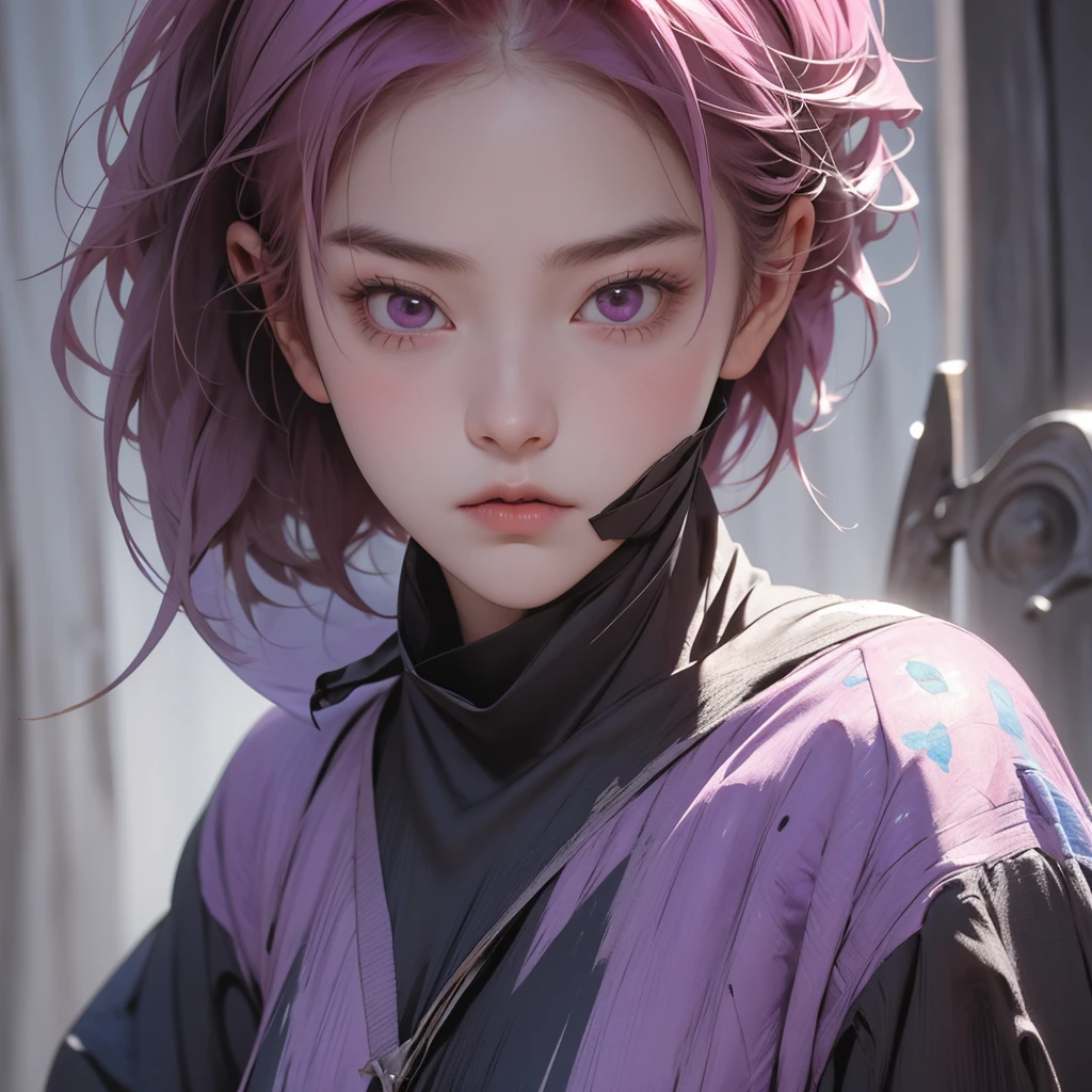 1girl, short pink hair, purple eyes, wearing full knight armor, wearing black masker, steel mask, standing in the middle of a vast blue flower field, angry face, close up, 8K, Hi-Res, center