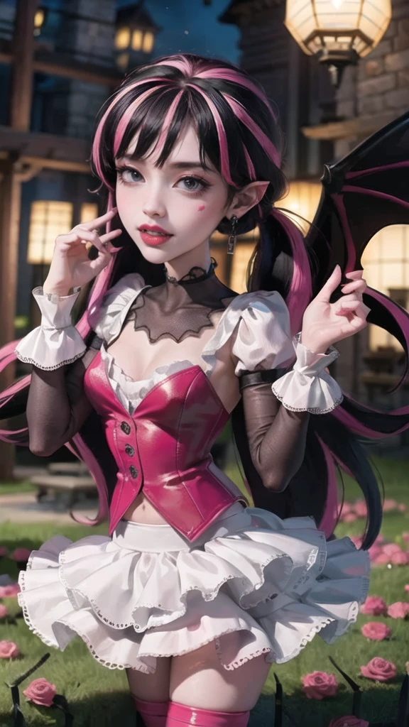 1girl, vampire girl, vampire fangs, succubus, centered, award winning upper body portrait, cowboy shot, (looking at viewer:1.2), Draculaura_MH, solo, black half hair, pink half hair, multicolored hair, long hair, white skirt, pink knee boots, smiling, garden scenery, japanese lanterns, dark red roses, depth of field, cinematic composition, ((high quality)), ((Work of art)), (more detail), half black hair, half soft pink hair, wave hair, pink heart in the eyes, smile, vampire fangs, maid dress, black maid headdress, black maid apron, bat wings, pink skirt, black dress with transparency, pink laces, black gloves, black high socks, high hills boots, bat jewelry, jewelry, seat on the grass, dark red roses on focus, Draculaura_(monster high), Monster High, looking at the viewer, more details on the clothes,