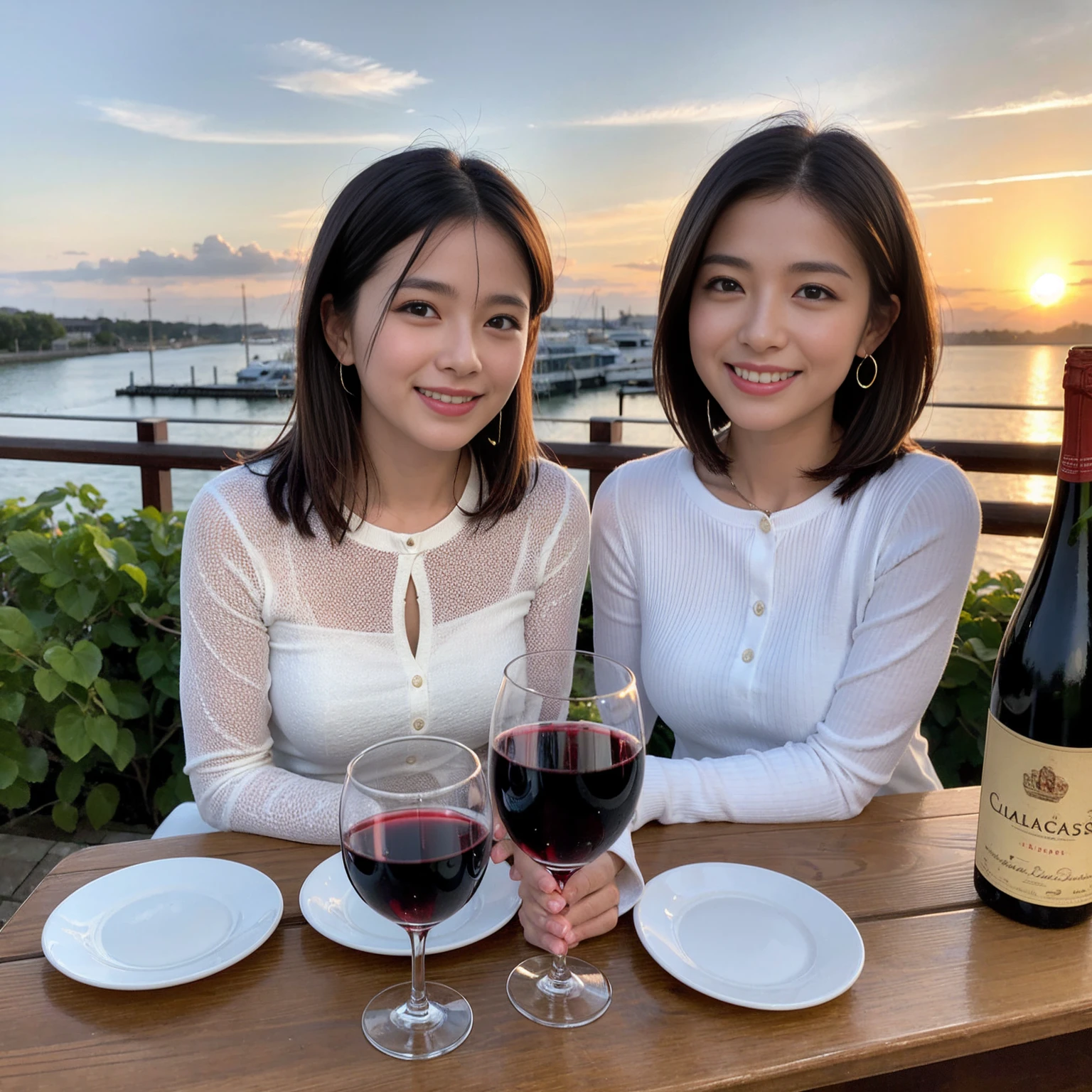 ((Highest quality、8k、masterpiece:1.3))、 (Genuineistic, Genuine、Bright image、Intricate details:1.2), 最高のsmile 男性1人 女性1人、Beautiful Couple、spouse、Couple、spouse、Beautiful Couple、smile、Full-course dinner at a packed table、テーブルにwine glass、 (Slim face), (the body is slim), (Brown Hair), (short hair), Please shine a light on my face、 Amazing view of the sunset sky and clouds、 (age 34), 39 years old, red wine 、Wine bottle、sparkling wine、Long sleeve shirt、dress、White wine, red wine, wine glass,