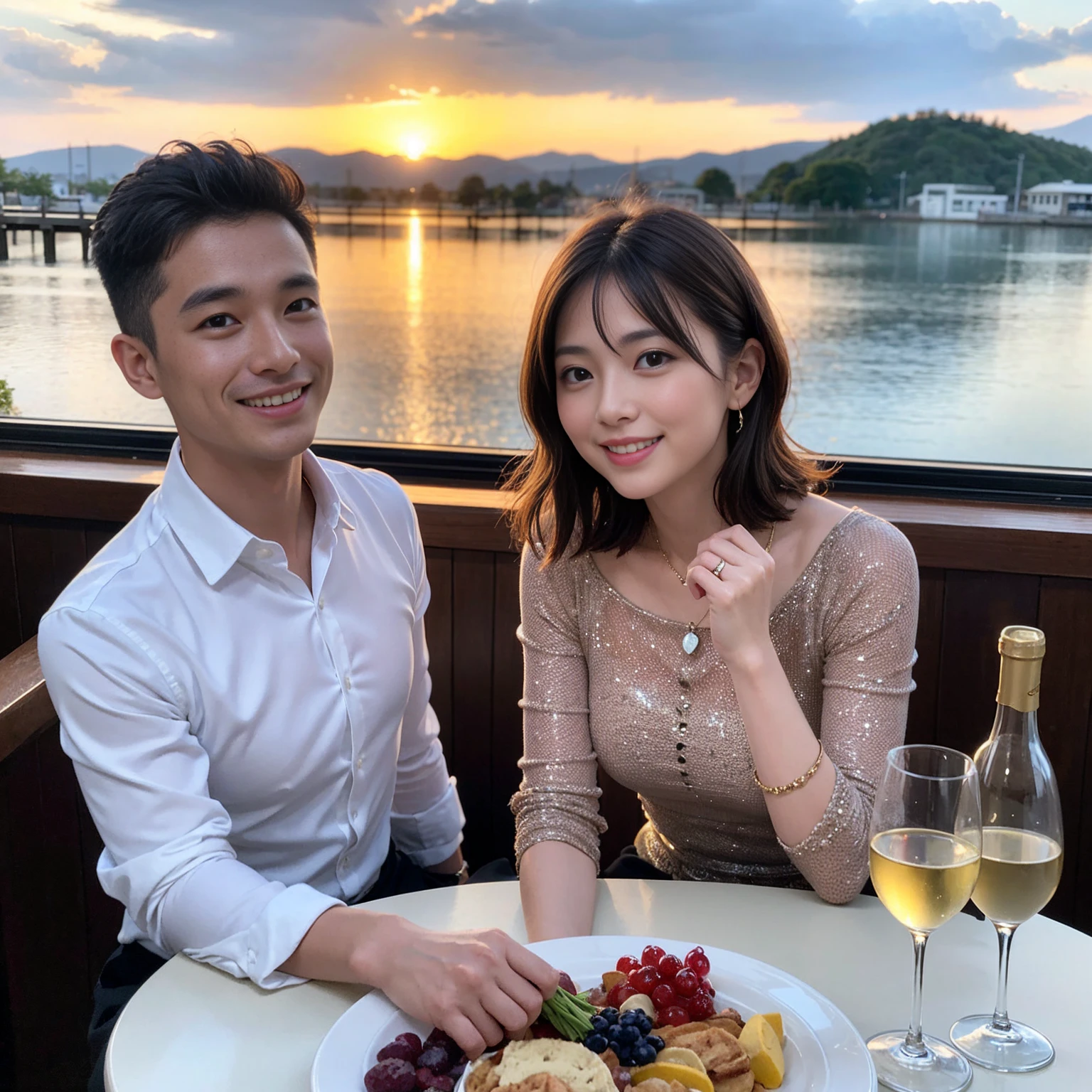 ((Highest quality、8k、masterpiece:1.3))、 (Genuineistic, Genuine、Bright image、Intricate details:1.2), 最高のsmile 男性1人 女性1人、Beautiful Couple、spouse、Couple、spouse、Beautiful Couple、smile、Full-course dinner at a packed table、テーブルにwine glass、 (Slim face), (the body is slim), (Brown Hair), (short hair), Please shine a light on my face、 Amazing view of the sunset sky and clouds、 (age 34), 39 years old, red wine 、Wine bottle、sparkling wine、Long sleeve shirt、dress、White wine, red wine, wine glass, 